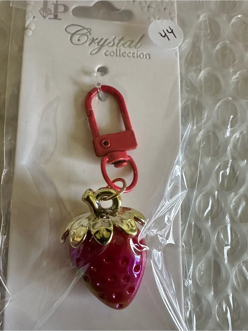 Metallic Strawberry Key & Card Holder Charm - Pink Red with Gold Accent